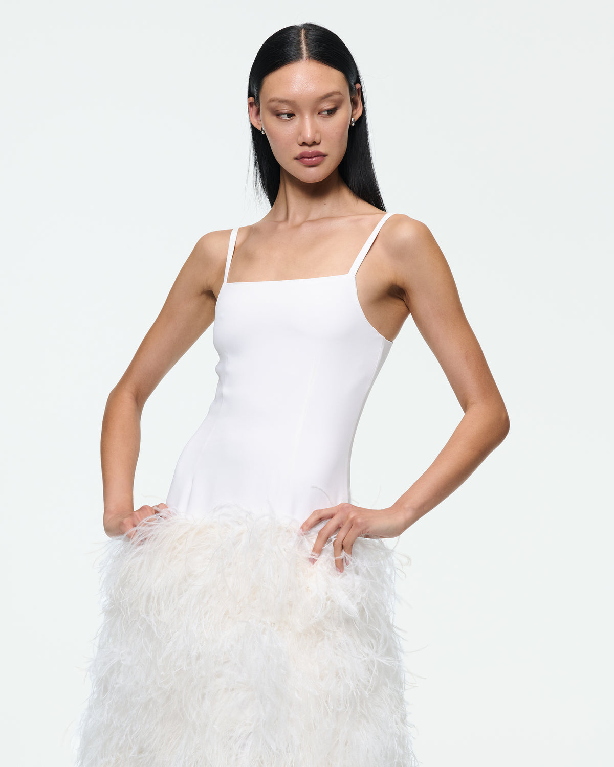 WHITE DROP WAIST FEATHER DRESS