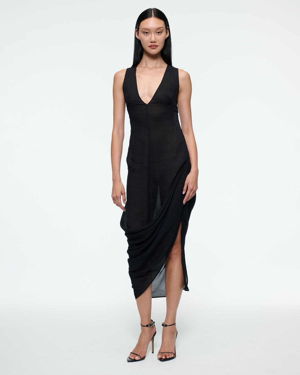 DRAPED CHIFFON DRESS IN BLACK