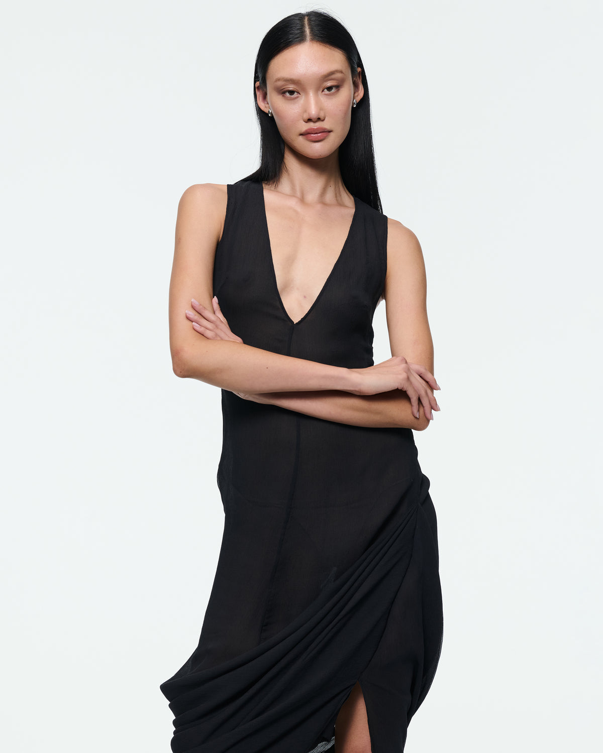 DRAPED CHIFFON DRESS IN BLACK