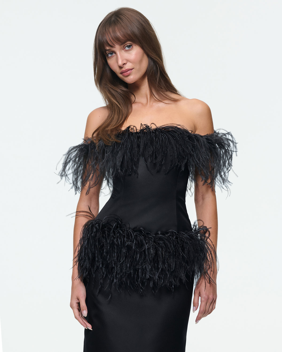 MIDI FEATHER DRESS IN BLACK