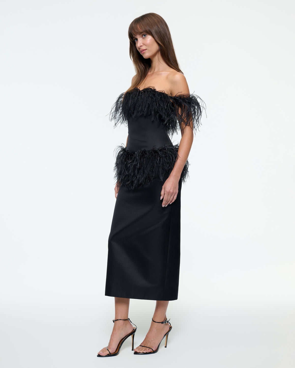 MIDI FEATHER DRESS IN BLACK