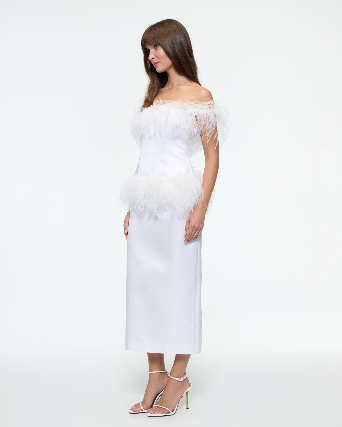 MIDI FEATHER DRESS IN WHITE
