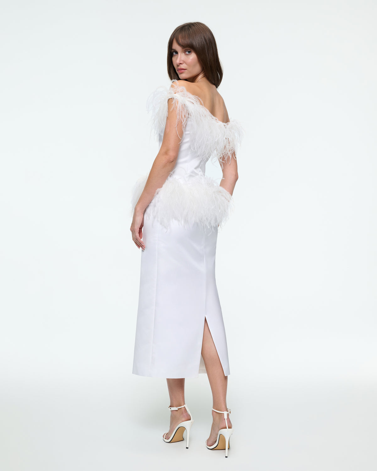 MIDI FEATHER DRESS IN WHITE