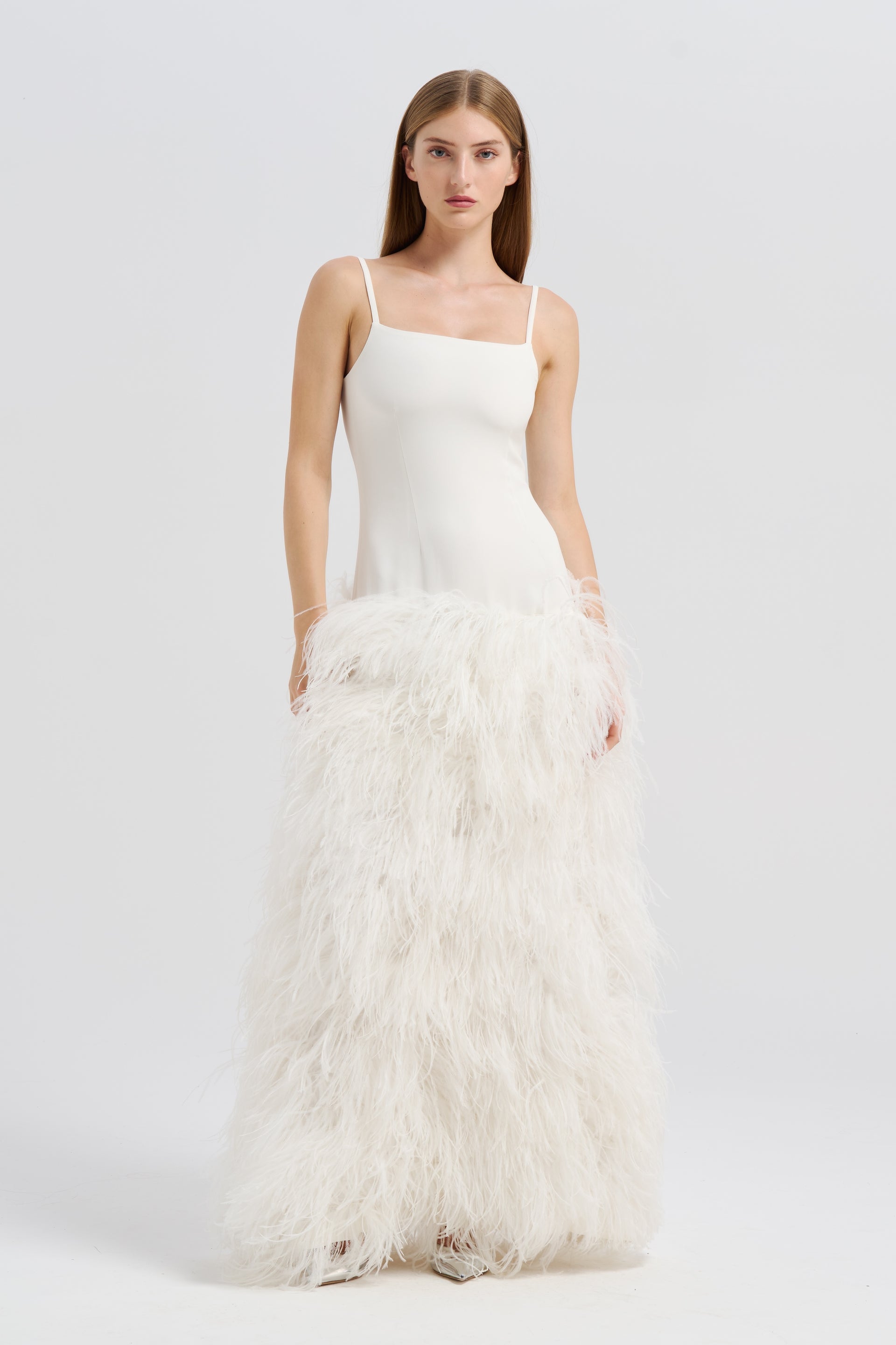 long white feather dress Mew Mews Vieby Strapless Rhinestone Feather Maxi Dress In White