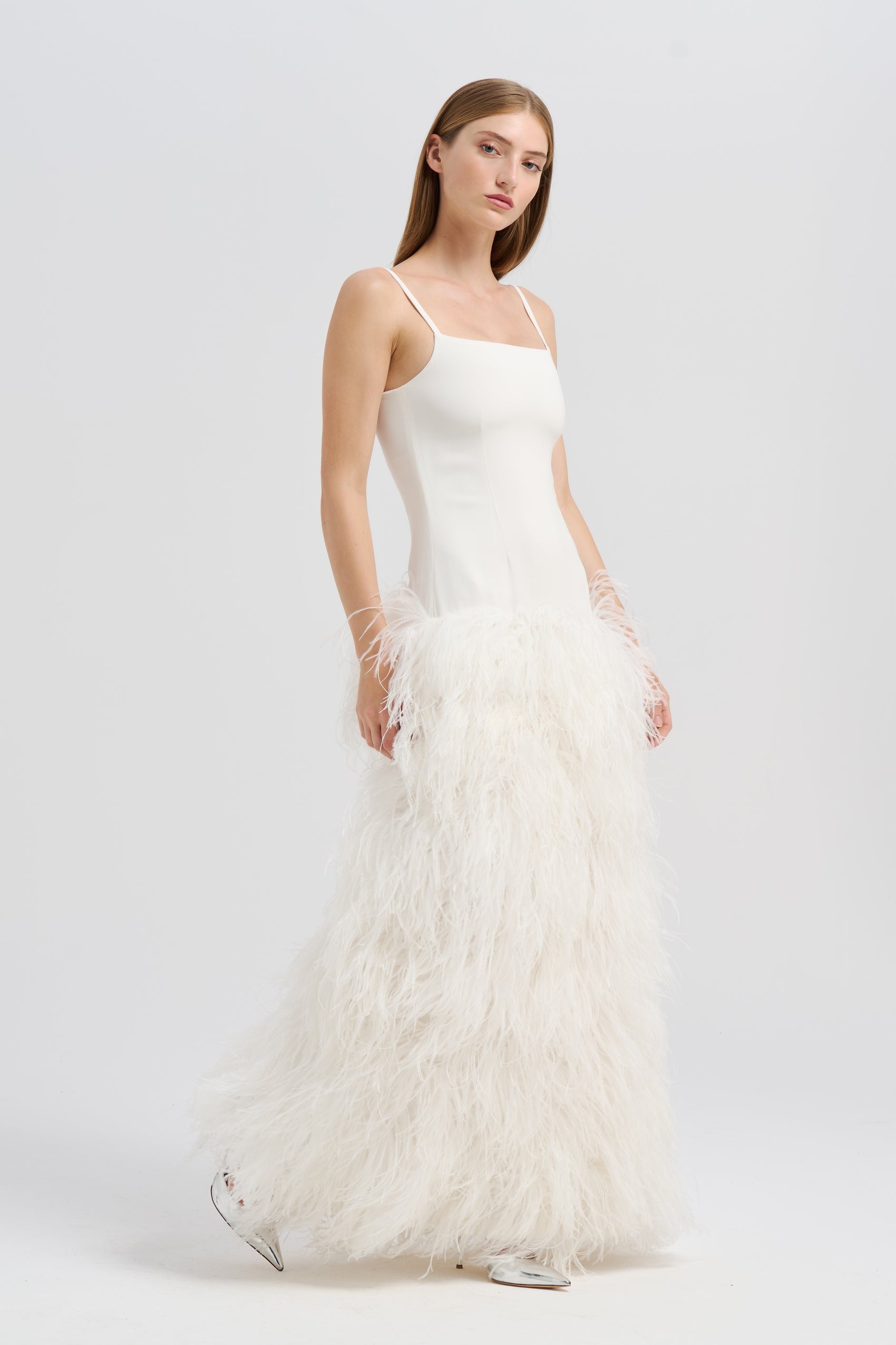 WHITE DROP WAIST FEATHER DRESS