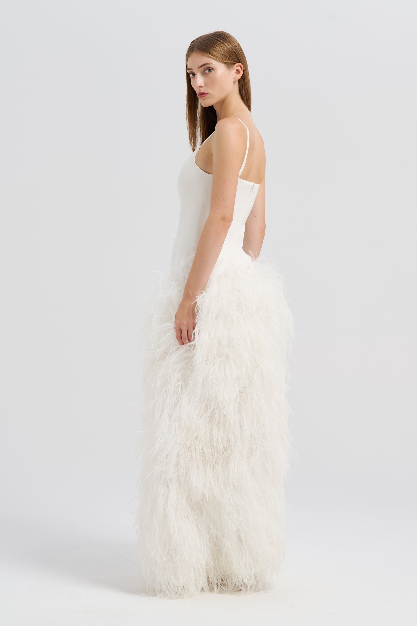 WHITE DROP WAIST FEATHER DRESS