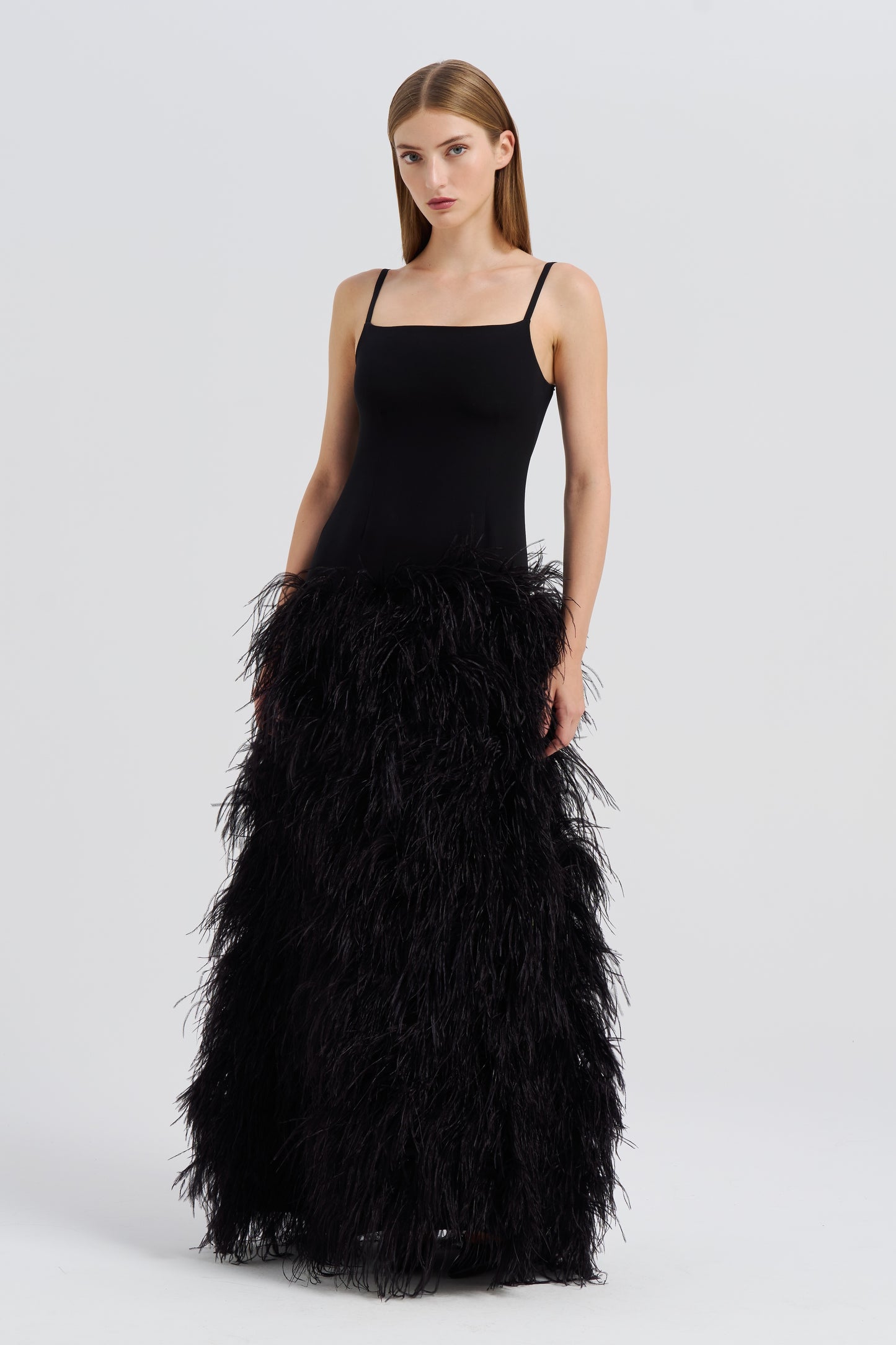 BLACK DROP WAIST FEATHER DRESS