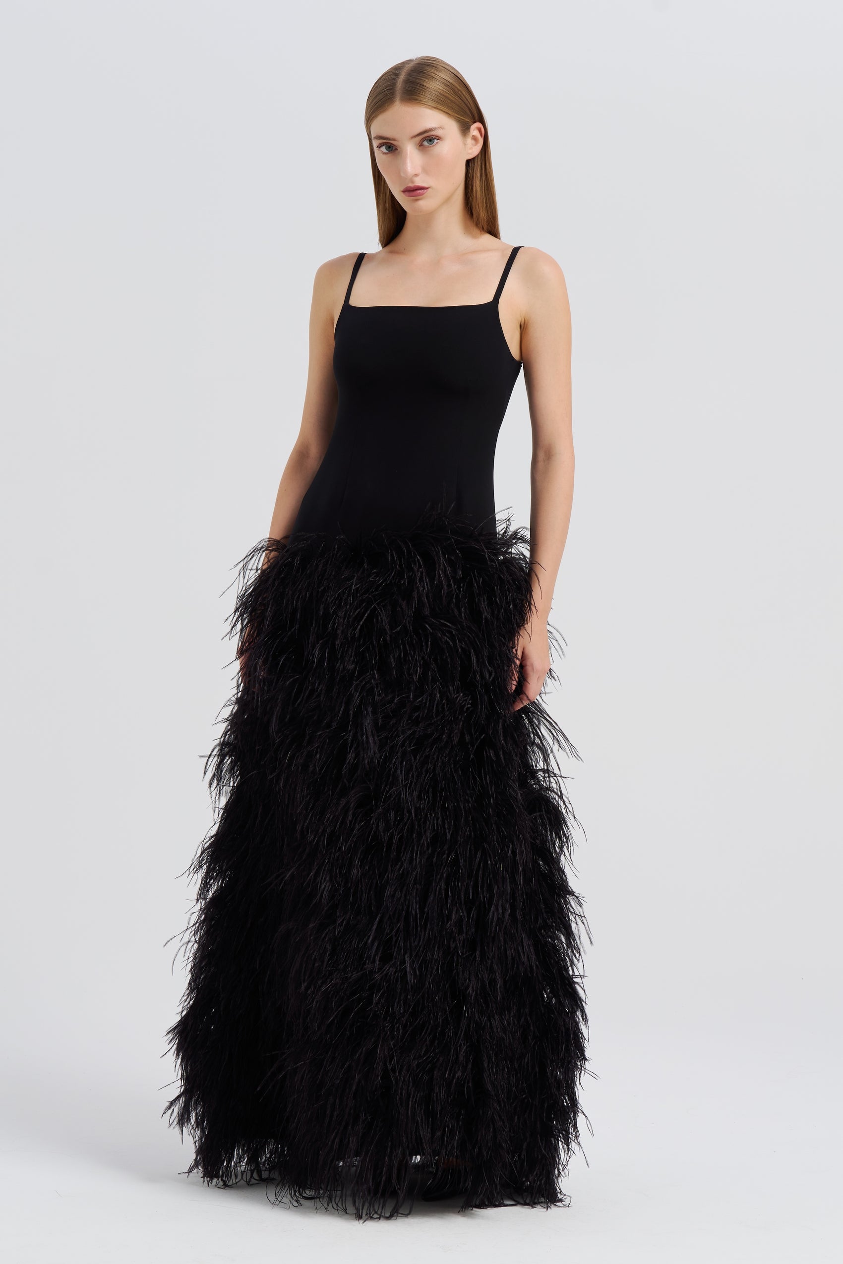 BLACK DROP WAIST FEATHER DRESS