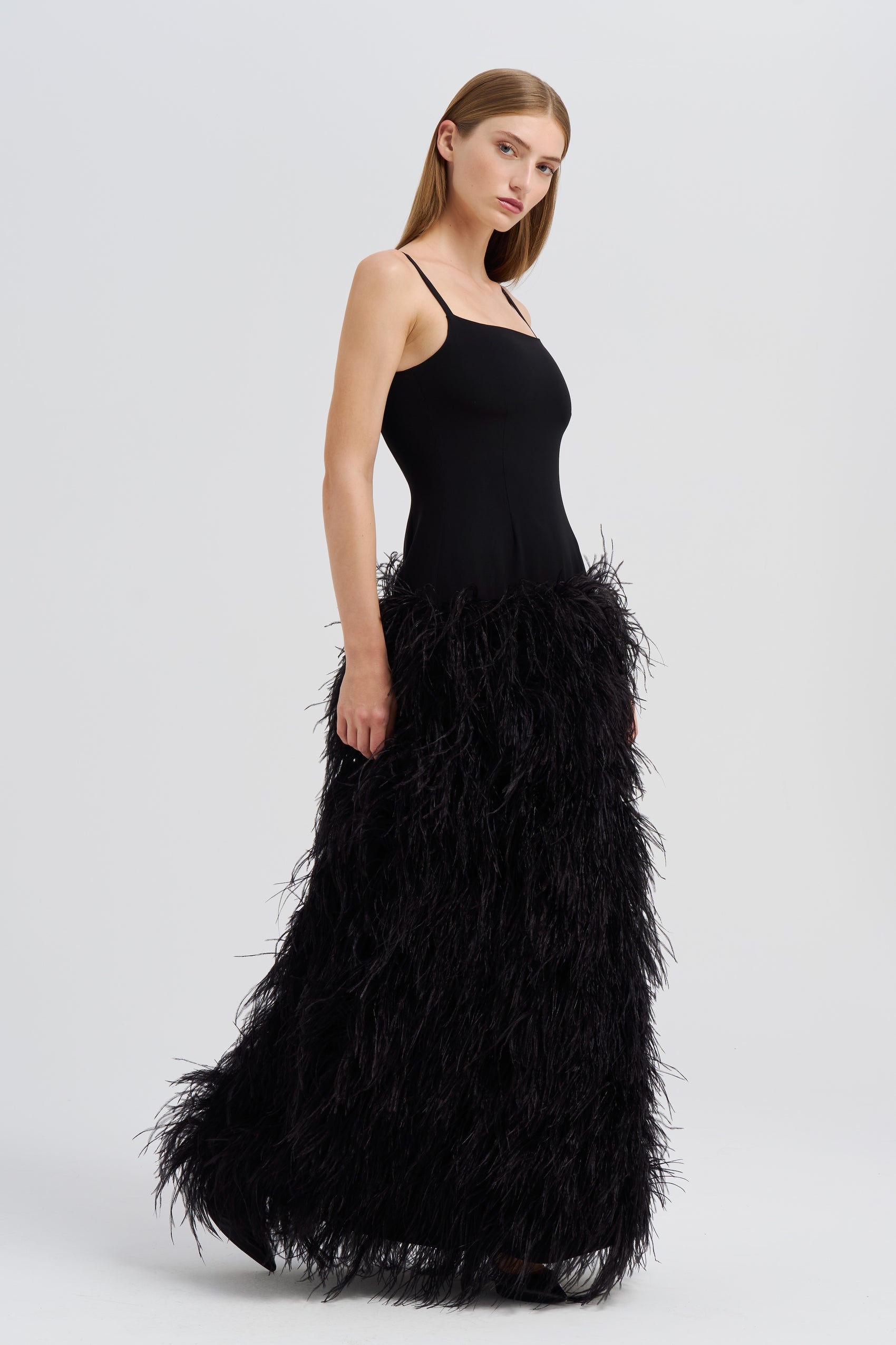BLACK DROP WAIST FEATHER DRESS