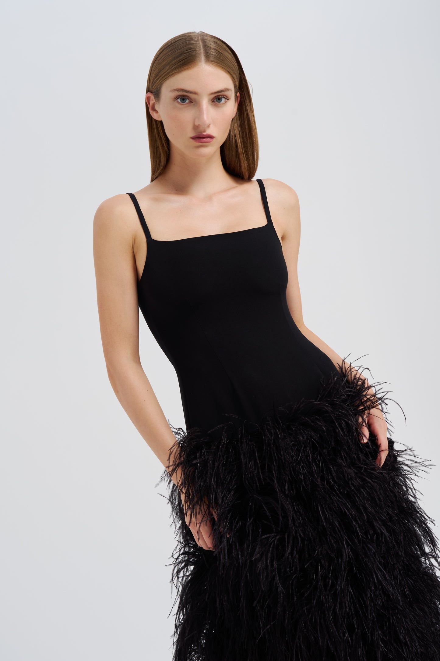 BLACK DROP WAIST FEATHER DRESS