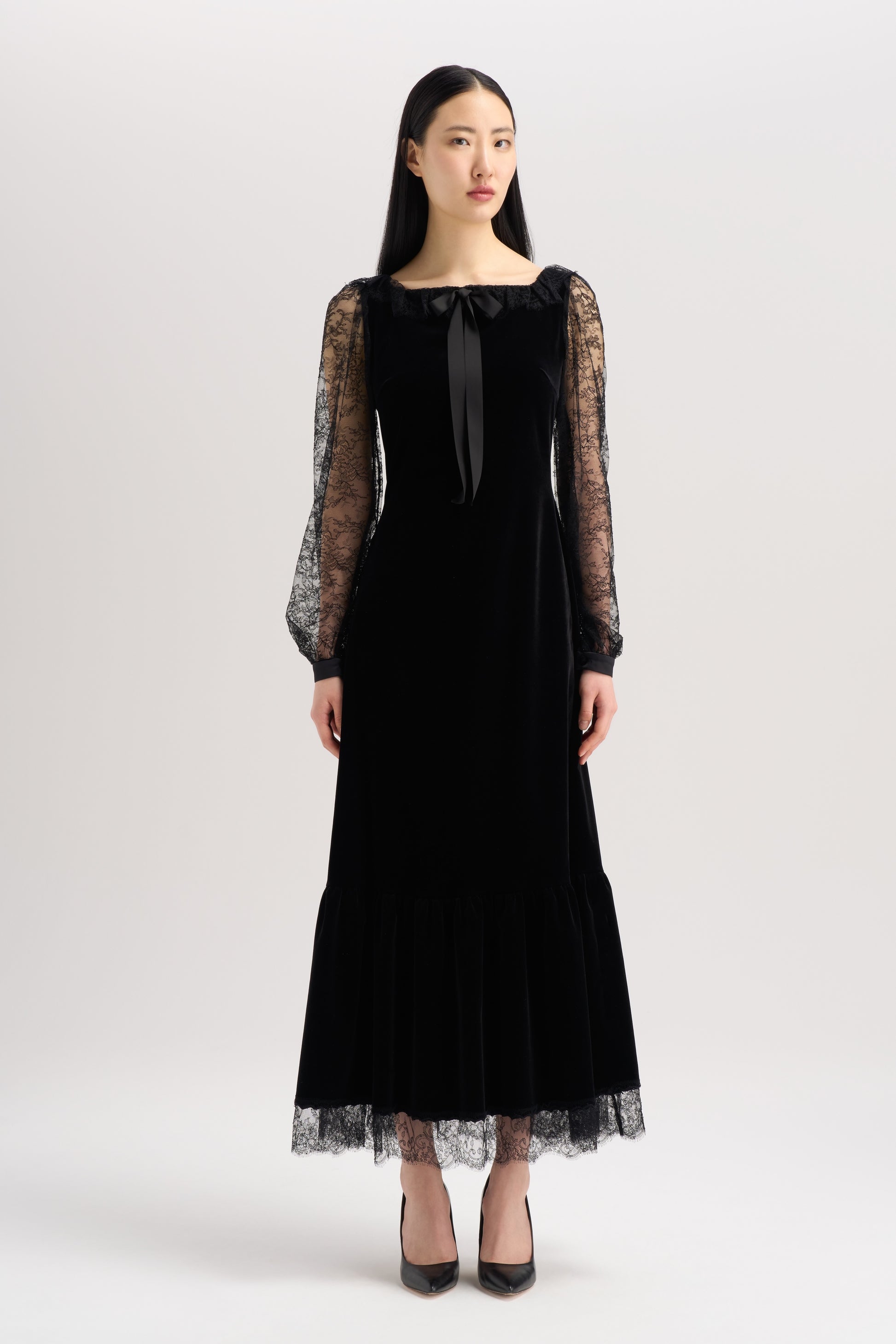 black velvet lace dress Gothic Velvet Lace Maxi Dress Black / S