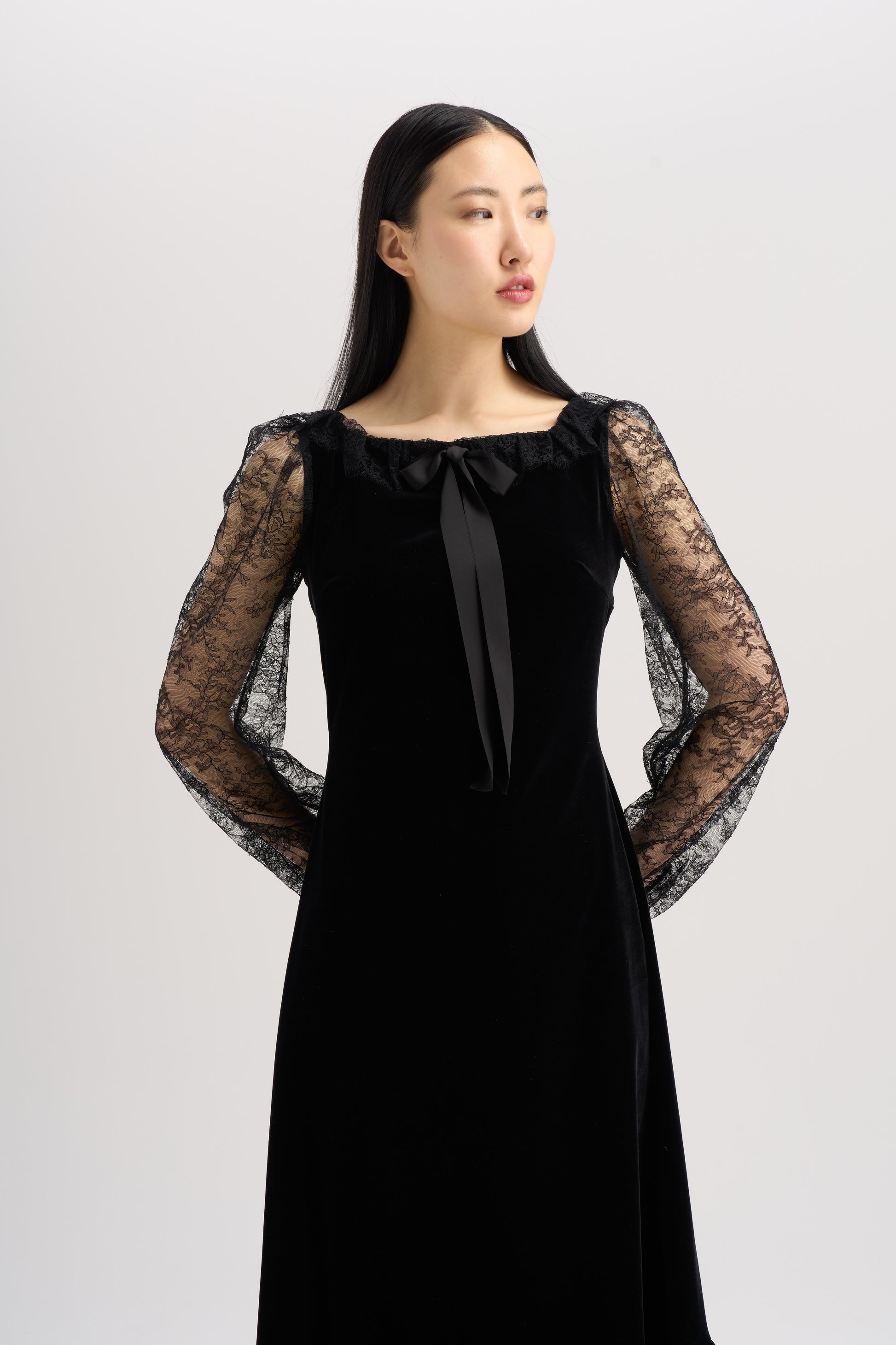 velvet and lace long sleeve dress Black Velvet Dress With Lace Ruffle Design