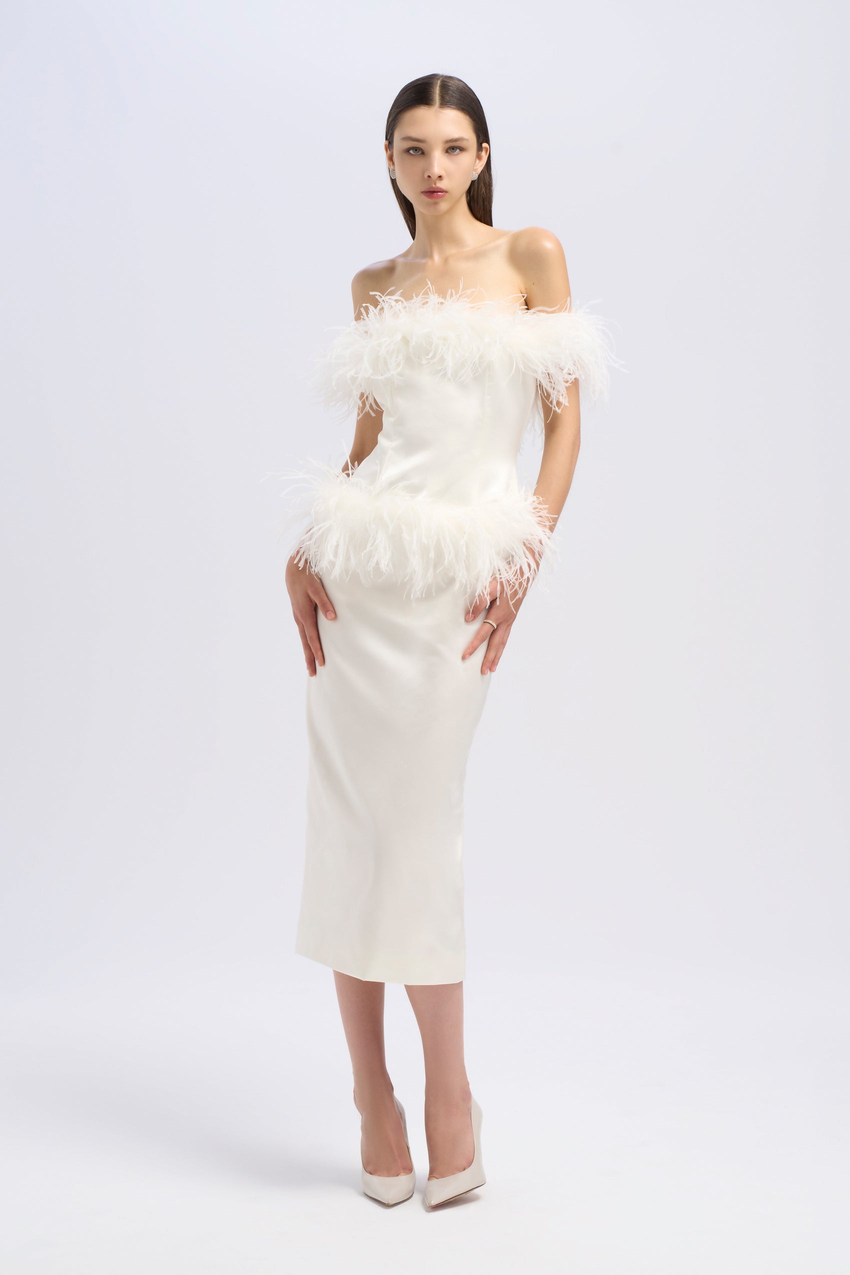 PENCIL MIDI FEATHER DRESS