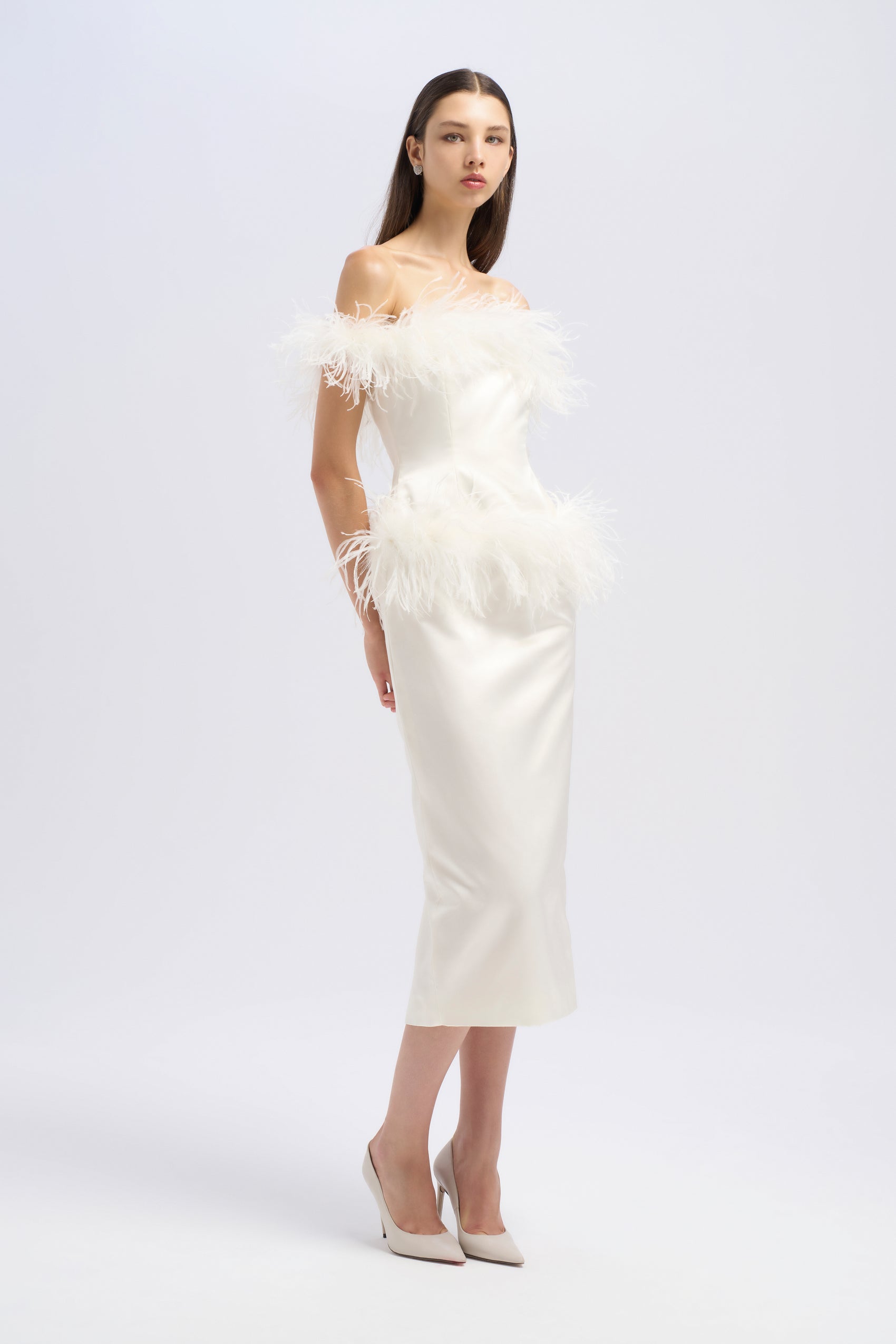PENCIL MIDI FEATHER DRESS