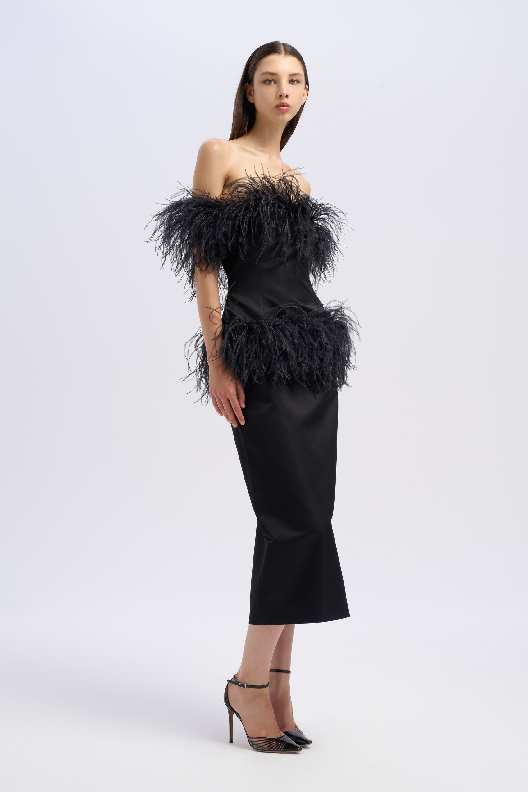 PENCIL MIDI FEATHER DRESS